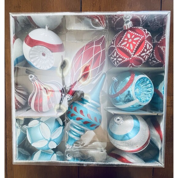 Martha Stewart Living Jumbo 8pc Ornament Set Blue Red Silver Glitter Christmas - Picture 2 of 14